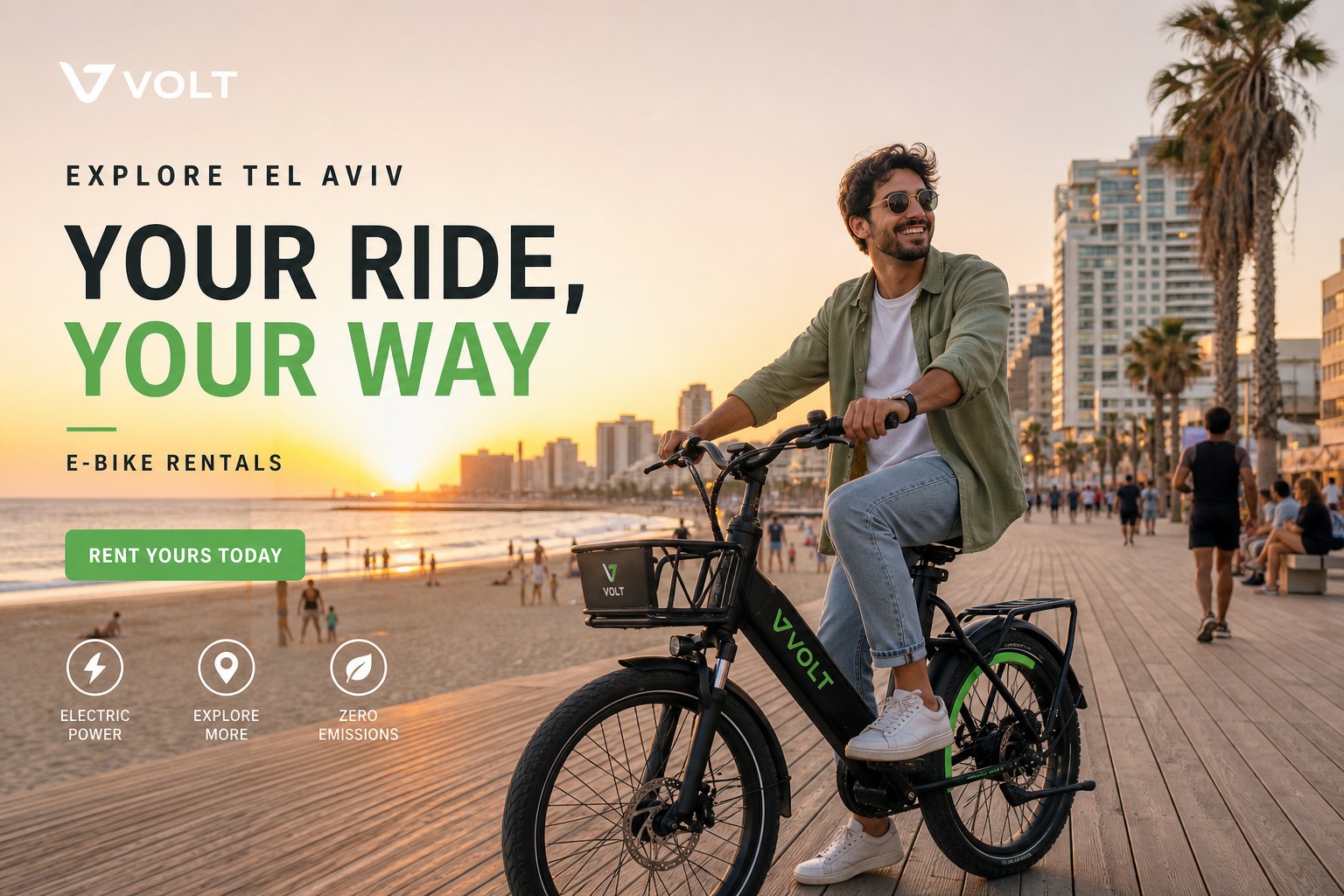 E-bike rider on Tel Aviv boardwalk at sunset