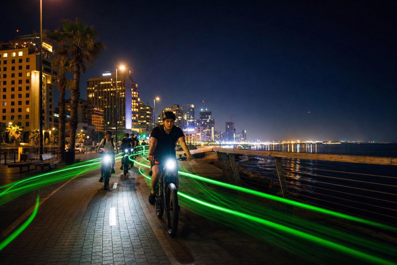 Night e-bike ride on Tel Aviv boardwalk