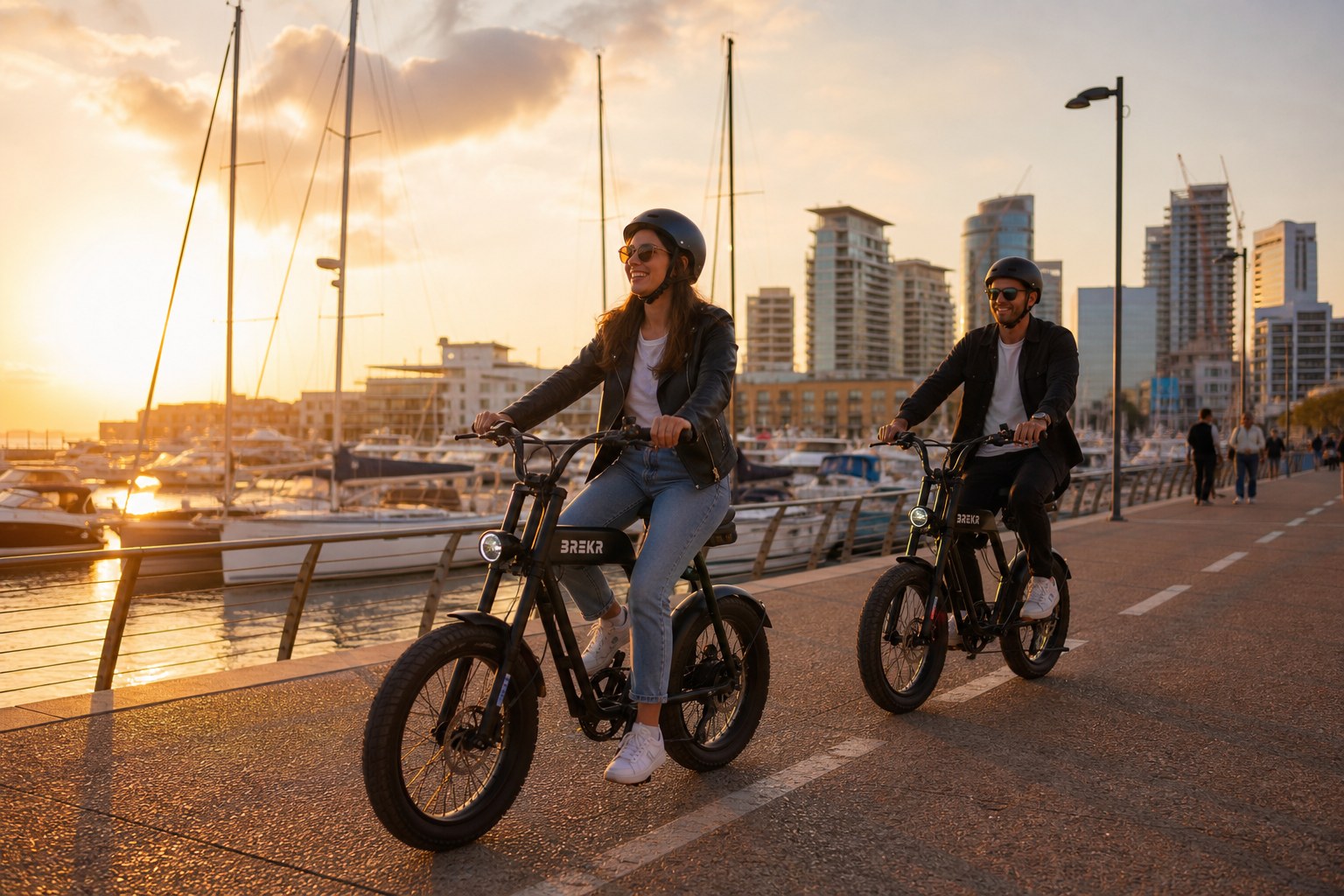 E-bike riders on marina path